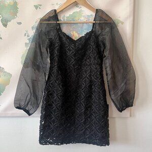 Lulu’s Dress Mysterious Moment Mini Small Black Organza Long Sleeve Applique NWT